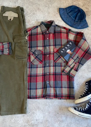 👕 Chemise High Sierra by Mervyn’s – made in Korea – poly/laine – carreaux rouge/beige/gris, marca: Vintage Dressing, estado: Muito bom, tamanho: M, €35.00, €37.45 inclui Proteção do Comprador Pro