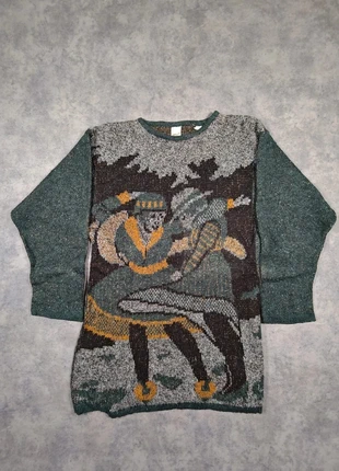 Pull d'hiver vintage 90's retro vert/multicolore unisexe motif danseur - taille FR 38 made in Italie, brand: Vintage Dressing, condition: Very good, size: M / 38 / 10, €19.90, €21.60 includes Buyer Protection