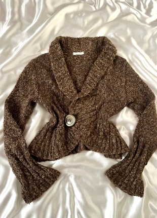 Cardigan en maille cache-cœur marron à manches évasées - y2k années 2000, marke: Promod, zustand: Sehr gut, größe: L / 40 / 12, 21,00 €, 22,75 € beinhaltet Vinted-Käuferschutz Pro