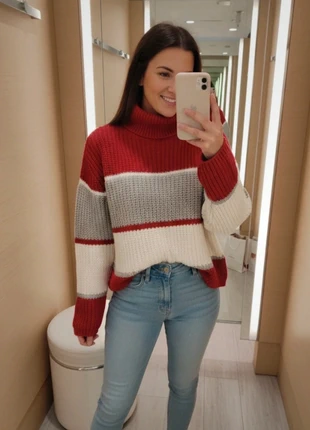 Maglione Dolcevita a Righe Tricolore Rosso Grigio Bianco, état: Très bon état, taille: Autre, 6,00 €, 7,00 € Protection acheteurs incluse