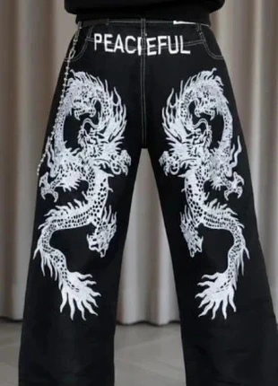 Baggy noir brodé blanc style y2k streetwear loose japonais dragon - Taille S #B026, brand: y2k, condition: Very good, size: S, €64.99, €68.94 includes Buyer Protection