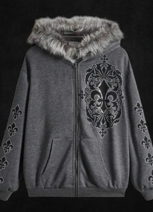 Hoodie gris fourrure • broderies rhinestone fleur de lys • style y2k, marque: y2k, état: Neuf sans étiquette, taille: M / 38 / 10, 40,00 €, 42,70 € Protection acheteurs incluse