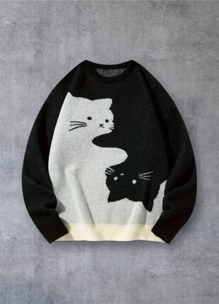 Pull Vintage Y2K Motifs Chats Noir Blanc Taille L - Américain Old School USA 90s Streetwear, marque: Aesthetic, état: Très bon état, taille: L, 52,00 €, 55,30 € Protection acheteurs incluse