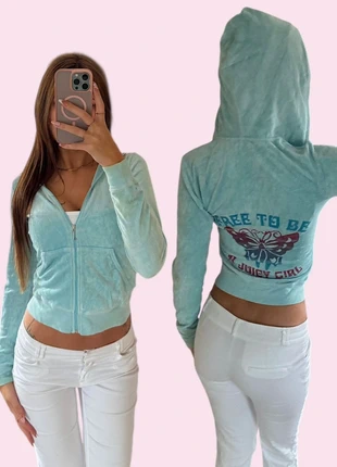 Authentic Juicy Couture 2000s Velour Zip Hoodie – Mint Blue Butterfly Back – Vintage Y2K (S), merk: Juicy Couture, staat: Heel goed, maat: S / 36 / 8, € 29,99, € 32,19 inclusief Kopersbescherming