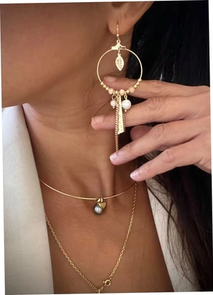 Boucles d’oreilles créoles bohémiennes pierre et perles naturelles de culture plaqué or, état: Très bon état, 15,00 €, 16,45 € Protection acheteurs incluse