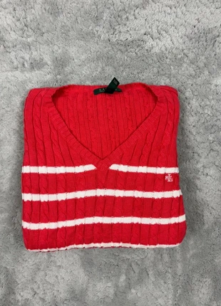 Pull sweat à col V torsadé Ralph Lauren rouge à rayures blanches pour femme Taille XL, brand: Lauren Ralph Lauren, condition: Very good, size: XL / 42 / 14, €26.00, €28.00 includes Buyer Protection