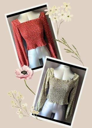 Lot 2 tops smockés rouge et vert fleurs légers manches longues rentrée été look romantique, marca: Shein, estado: Novo sem etiquetas, tamanho: S / 36 / 8, €9.00, €10.15 inclui Proteção do Comprador Pro