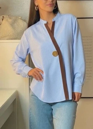 Chemise bleu clair rayée, col officier, détail ruban marron chic. taille L, marke: Vintage Dressing, zustand: Sehr gut, größe: L / 40 / 12, 46,90 €, 49,95 € beinhaltet Vinted-Käuferschutz Pro