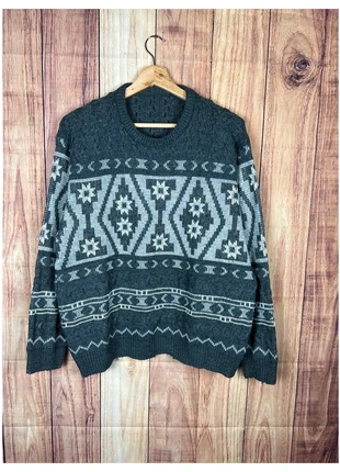 Oversized Geometric Pattern Knit Sweater Gray & Black Vintage Style L/XL, marca: Vintage Dressing, estado: Muito bom, tamanho: XL, €18.00, €19.60 inclui Proteção do Comprador