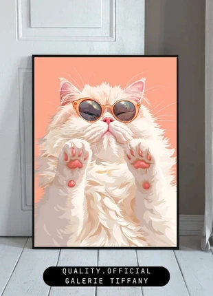 Affiche – Poster A3 chat blanc lunettes soleil pop art, merk: Tendance, staat: Heel goed, € 10,00, € 11,20 inclusief Kopersbescherming Pro