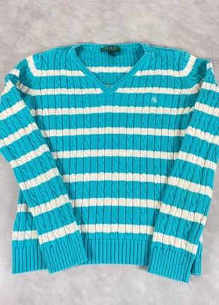 Ralph Lauren – Pull col V rayé bleu turquoise & blanc – maille torsadée – Taille S Code 079N, marque: Lauren Ralph Lauren, état: Très bon état, taille: S / 36 / 8, 35,00 €, 37,45 € Protection acheteurs (Pro) incluse