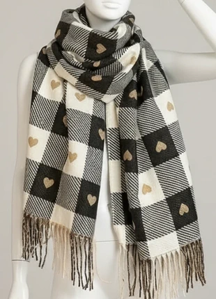 Écharpe neuve carreaux noir crème cœurs dorés, chaude & tendance 🍂, marca: Tendance, estado: Novo com etiquetas, €12.99, €14.34 inclui Proteção do Comprador