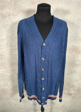 Cardigan Maille Torsadée Cable Knit Vintage Oxford bleu moyen, liseré rouge taille XL, marca: Vintage Dressing, estado: Muito bom, tamanho: XL / 42 / 14, €15.00, €16.45 inclui Proteção do Comprador Pro