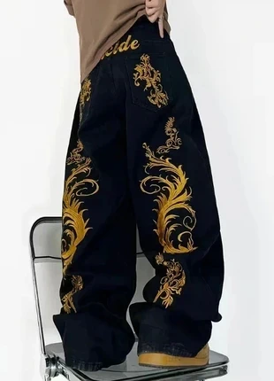 Baggy noir brodé doré style y2k streatwear loose japonais floral - Taille L #B025, marque: y2k, état: Très bon état, taille: L, 49,99 €, 53,19 € Protection acheteurs incluse