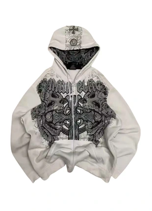 Sweat à capuche zippé blanc - motif gothique - taille M, marque: Vintage Dressing, état: Très bon état, taille: M, 49,90 €, 53,10 € Protection acheteurs incluse