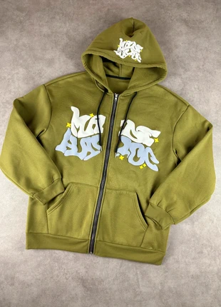 Gilet oversize, zip Y2K en coton vert à motif sérigraphiés blancs et gris - Taille L, marque: Aesthetic, état: Très bon état, taille: L, 29,00 €, 31,15 € Protection acheteurs (Pro) incluse