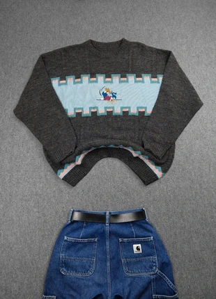 Pull Rare Vintage 80s Maille Gris Multicolore Motifs Imprimé Brodé "Cartoon / Lutin" 50% Laine (L), marque: Vintage Dressing, état: Très bon état, taille: L, 32,00 €, 34,30 € Protection acheteurs (Pro) incluse