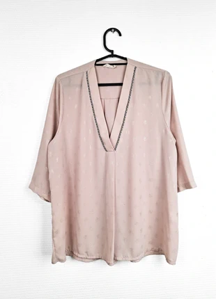 Blouse rose poudré motifs dorés manche 3/4 col V - Lady Lol – Femme taille M - Fabriqué en France, marque: Lady Lol, état: Très bon état, taille: M / 38 / 10, 6,00 €, 7,00 € Protection acheteurs incluse