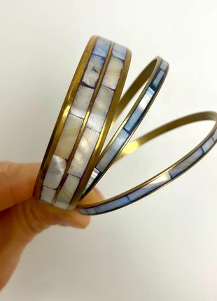 Vintage Mother-of-Pearl Mosaic Bangles Trio Brass Toned Stacking Bracelets, condition: Very good, £18.00, £19.60 includes Buyer Protection