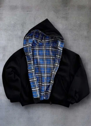 Hoodie noir doublé carreaux bleu – look 2000s (S), marque: y2k, état: Neuf sans étiquette, taille: S, 40,00 €, 42,70 € Protection acheteurs incluse