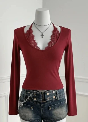 🍒 Top Y2K bordeaux – dentelle & décolleté, brand: friperie, condition: Very good, size: M / 38 / 10, €26.99, €29.04 includes Buyer Protection