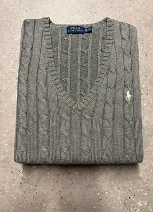 Pull col v torsadé Ralph Lauren gris sweat brodé cable knit V-PR18, marque: Ralph Lauren, état: Très bon état, taille: L / 40 / 12, 49,90 €, 53,10 € Protection acheteurs (Pro) incluse