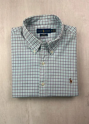 Chemise Ralph Lauren à carreaux vert et bleu coton stretch Oxford logo brodé XL femme slim fit, merk: Ralph Lauren, staat: Heel goed, maat: XL / 42 / 14, € 45,00, € 47,95 inclusief Kopersbescherming Pro