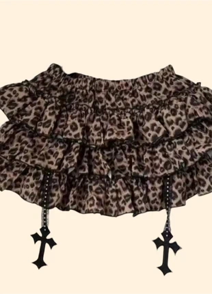 Jupe léopard à volants & croix noires – style Y2K / goth glam 🐆, marke: Eclipse Lace Cell, zustand: Neu, größe: M / 38 / 10, 28,00 €, 30,10 € inklusive Vinted-Käuferschutz