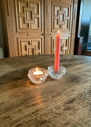 Duo de bougeoirs en verre taillé – double usage chandelle & chauffe-plat – style cristal, marque: Vintage Chic, état: Neuf sans étiquette, 7,50 €, 8,58 € Protection acheteurs incluse