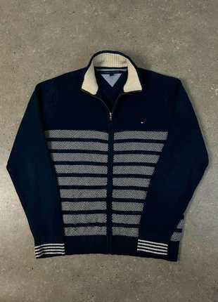 Pull/sweat a col haut montant full zip Tommy Hilfiger L Marine gris a rayures logo brodé coton, marque: Tommy Hilfiger, état: Très bon état, taille: L, 25,11 €, 27,07 € Protection acheteurs (Pro) incluse