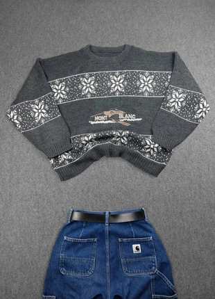Pull Vintage 80s Boxy en Maille Gris / Blanc à Motifs Imprimé et Brodé "Flocons / Skieur" (L), marque: Vintage Dressing, état: Satisfaisant, taille: L, 16,00 €, 17,50 € Protection acheteurs (Pro) incluse
