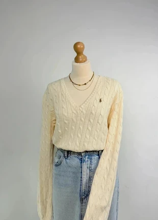 Pull torsadé Sweat hiver col V Tressé Raph Lauren crème logo marron XL femme, marca: Ralph Lauren, estado: Muito bom, tamanho: XL / 42 / 14, €47.00, €50.05 inclui Proteção do Comprador