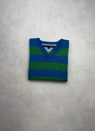 Pull Tommy Hilfiger – Rayé bleu/vert col V en coton – Taille L I SKU : 000367, marca: Tommy Hilfiger, estado: Muy bueno, tamaño: L, 18,00 €, 19,60 € Protección al comprador incluida