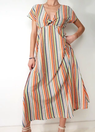 Robe longue Springfield multicolore à rayures, décolleté noué et coupe fluide style bohème été, marque: Springfield, état: Neuf sans étiquette, taille: XS / 34 / 6, 15,00 €, 16,45 € Protection acheteurs incluse