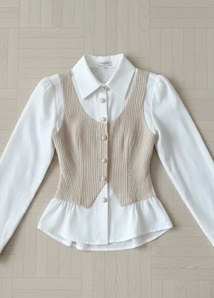 Chemise vintage élégante femme faux deux pièces manches longues boutons perlés blanc chic élégant, marque: Vintage Dressing, état: Très bon état, taille: S / 36 / 8, 22,00 €, 23,80 € Protection acheteurs incluse