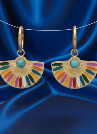 Gold Colourful Fan Drop Earrings with Turquoise Detail – Boho Statement Jewellery, brand: Unique, condition: New with tags, £8.50, £9.63 includes Buyer Protection