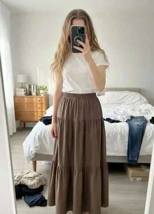 jupe longue en coton marron à volants étagés #100, merk: feuille d’automne, staat: Heel goed, maat: M / 38 / 10, € 59,99, € 63,69 inclusief Kopersbescherming