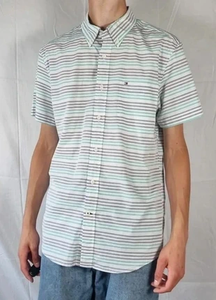 Chemise Tommy Hilfiger à rayures blanches, vertes et grises, brand: Tommy Hilfiger, condizioni: Ottime, taglia: L, €12.00, €13.30 include la Protezione acquisti Pro