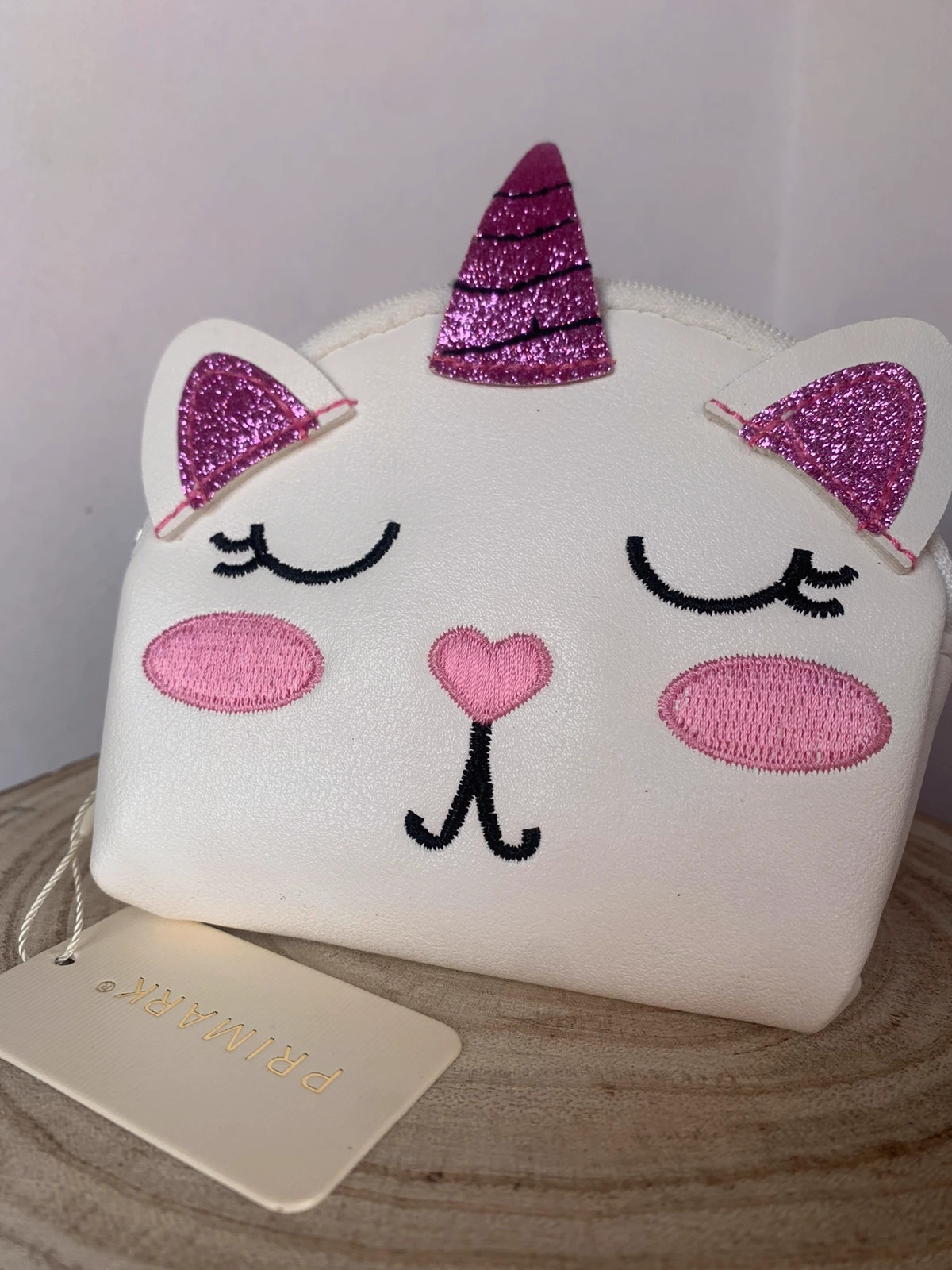 Borsello portamonete in ecopelle bianco e rosa con gatto-unicorno glitter  nuovo con cartellino