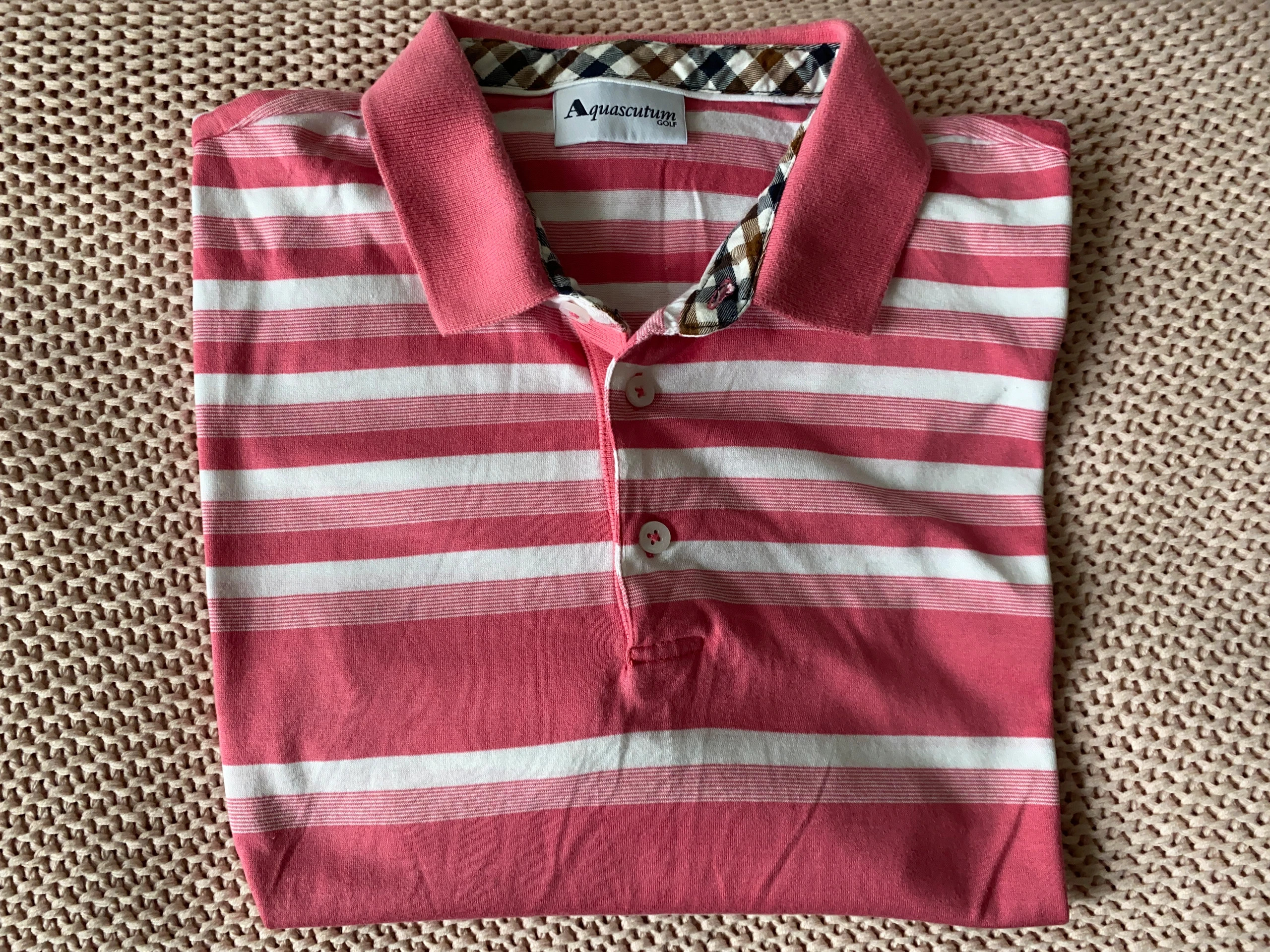 Aquascutum Mens Pink Stripe Golf Polo Shirt