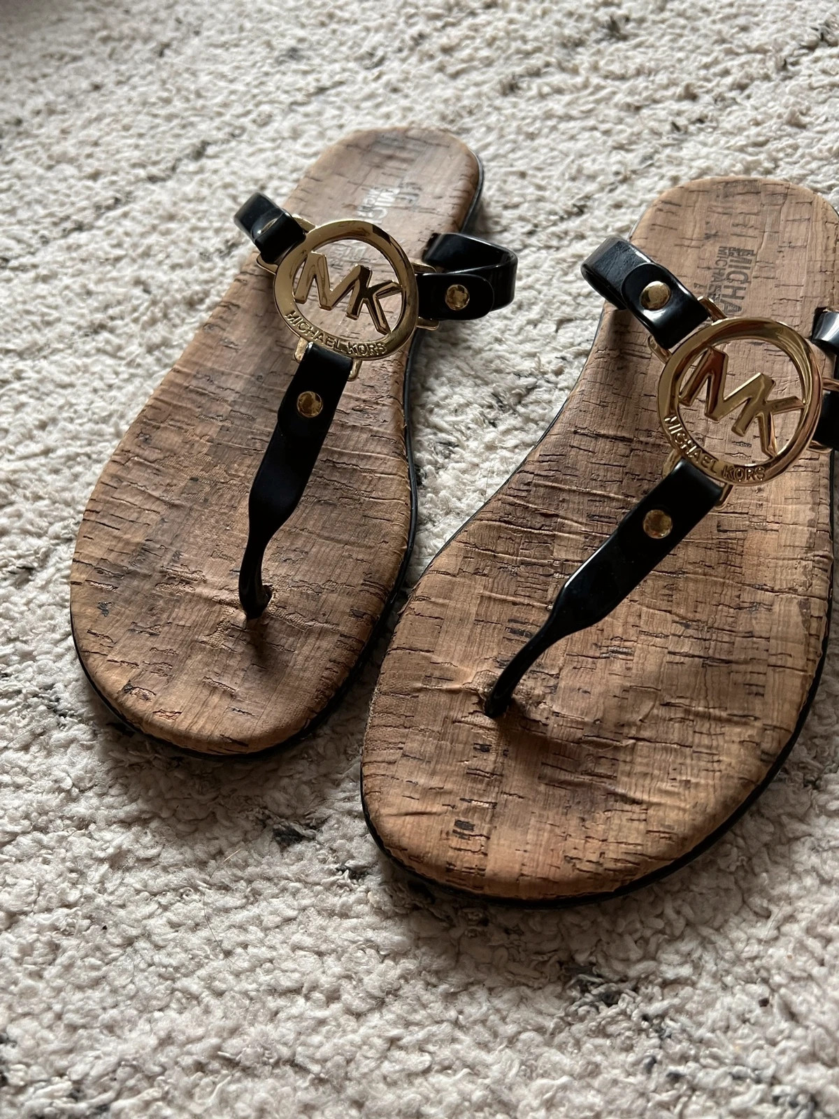Michael Kors MK Charm Jelly Sandals Logo Cork Thong Flip Flops Black Silver Vinted