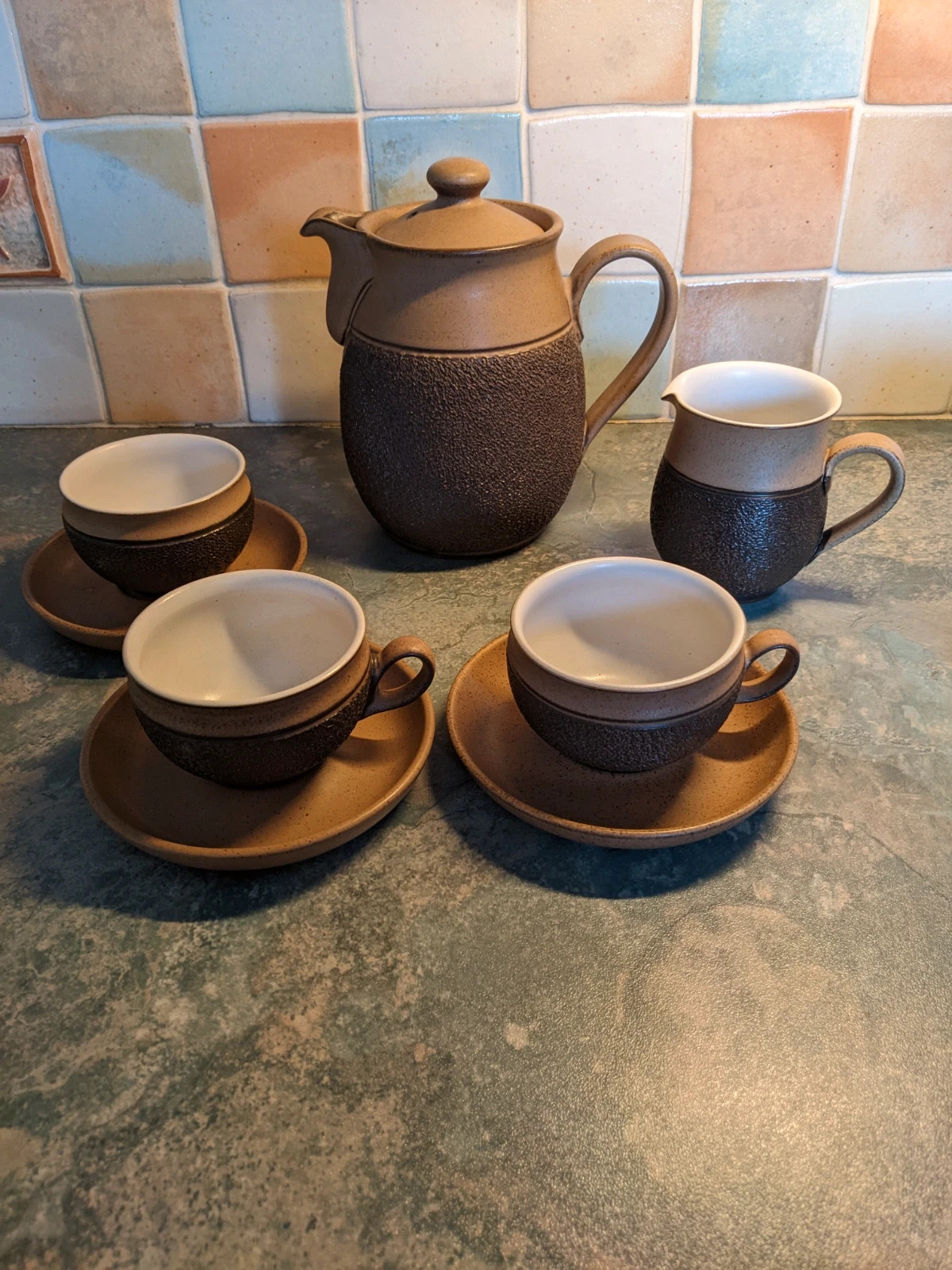 denby cotswold coffe/tea set for 2 including cups,sugar bowl and milk jug