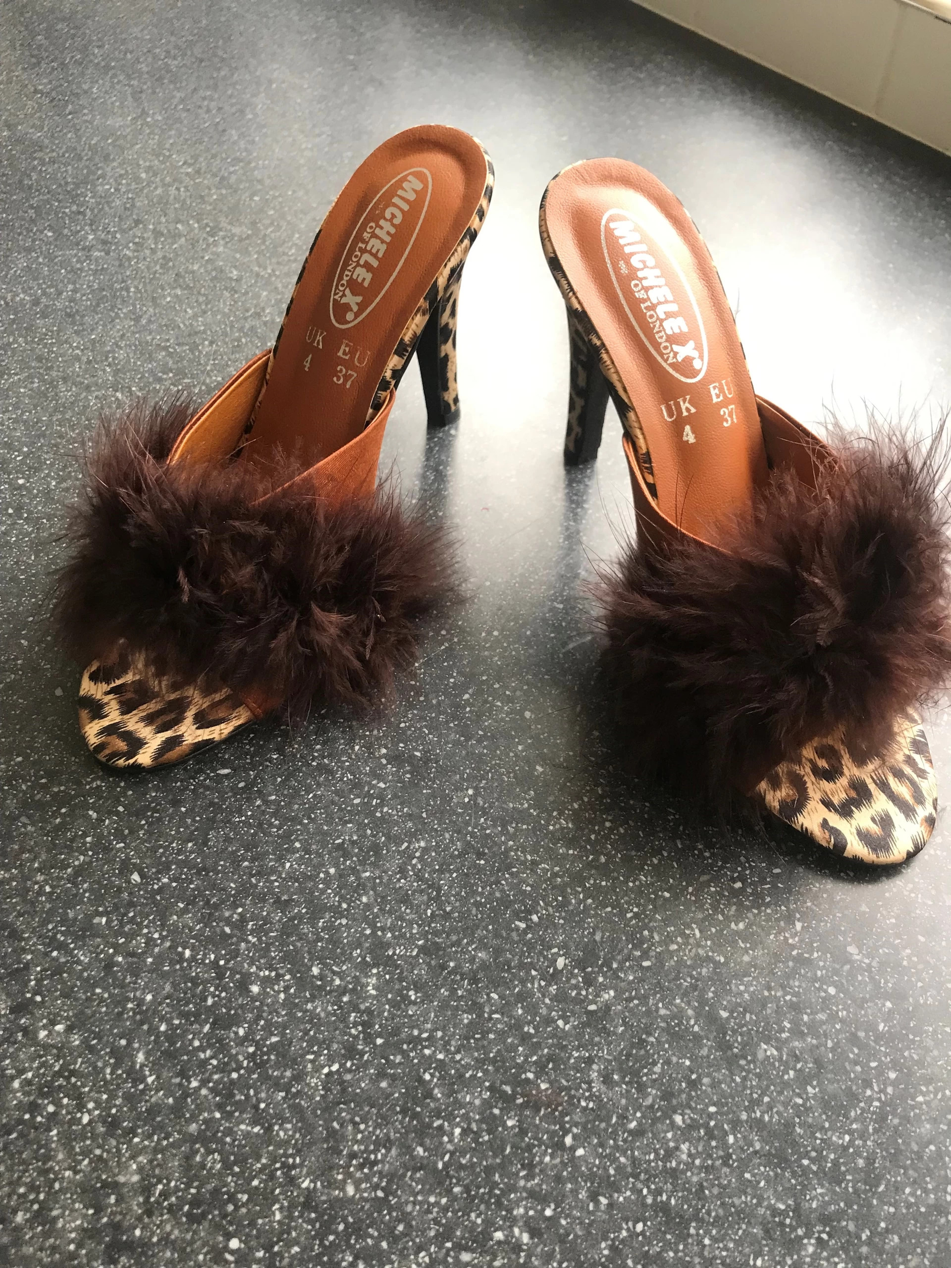 Michele X brown feather leopard print mules Vinted