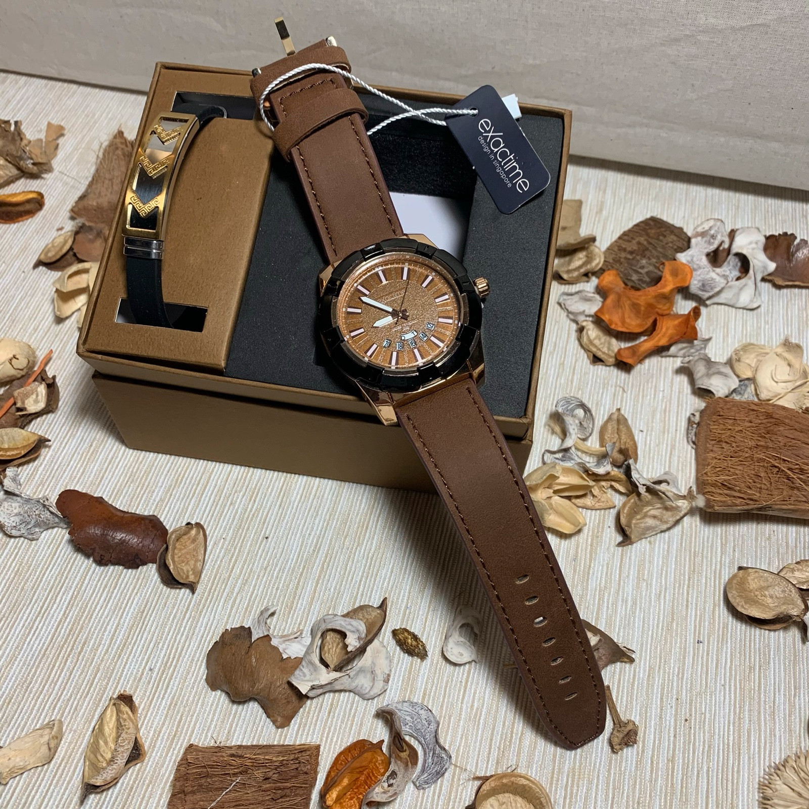 Reloj Hombre Exactime Automático Dorado Cuero