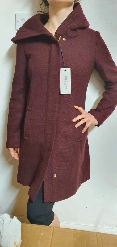 Cole Haan Womens Red Hooded Coat Wool Blend UK Size 6 Warm Smart Winter New