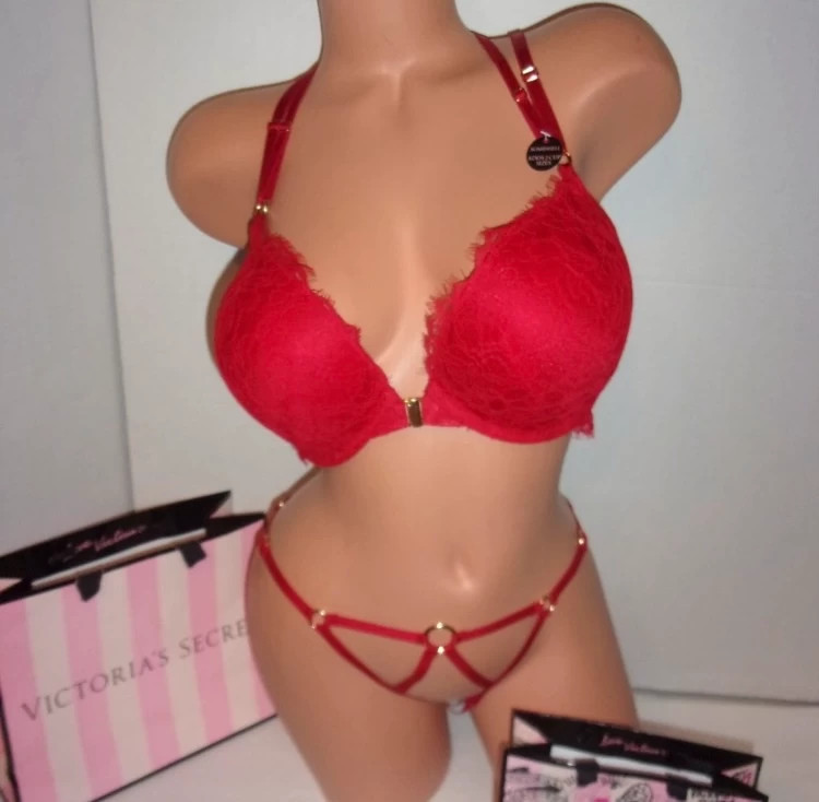 VICTORIA'S SECRET BOMBSHELL ADD-2-CUPS LACE RING STRAP PUSH-UP BRA SET RED