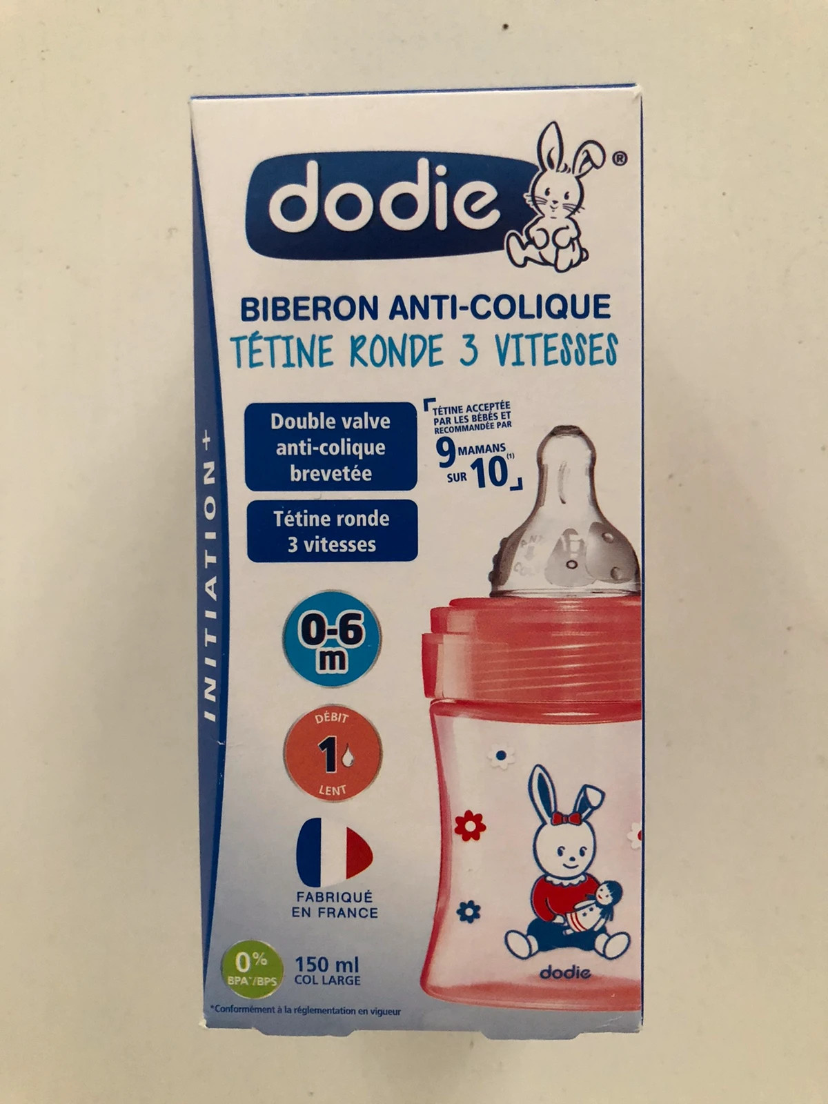 Dodie : Biberon Initiation+ tétine ronde 3 vitesses rose poupée 0-6mois -  Biberon de 150ml