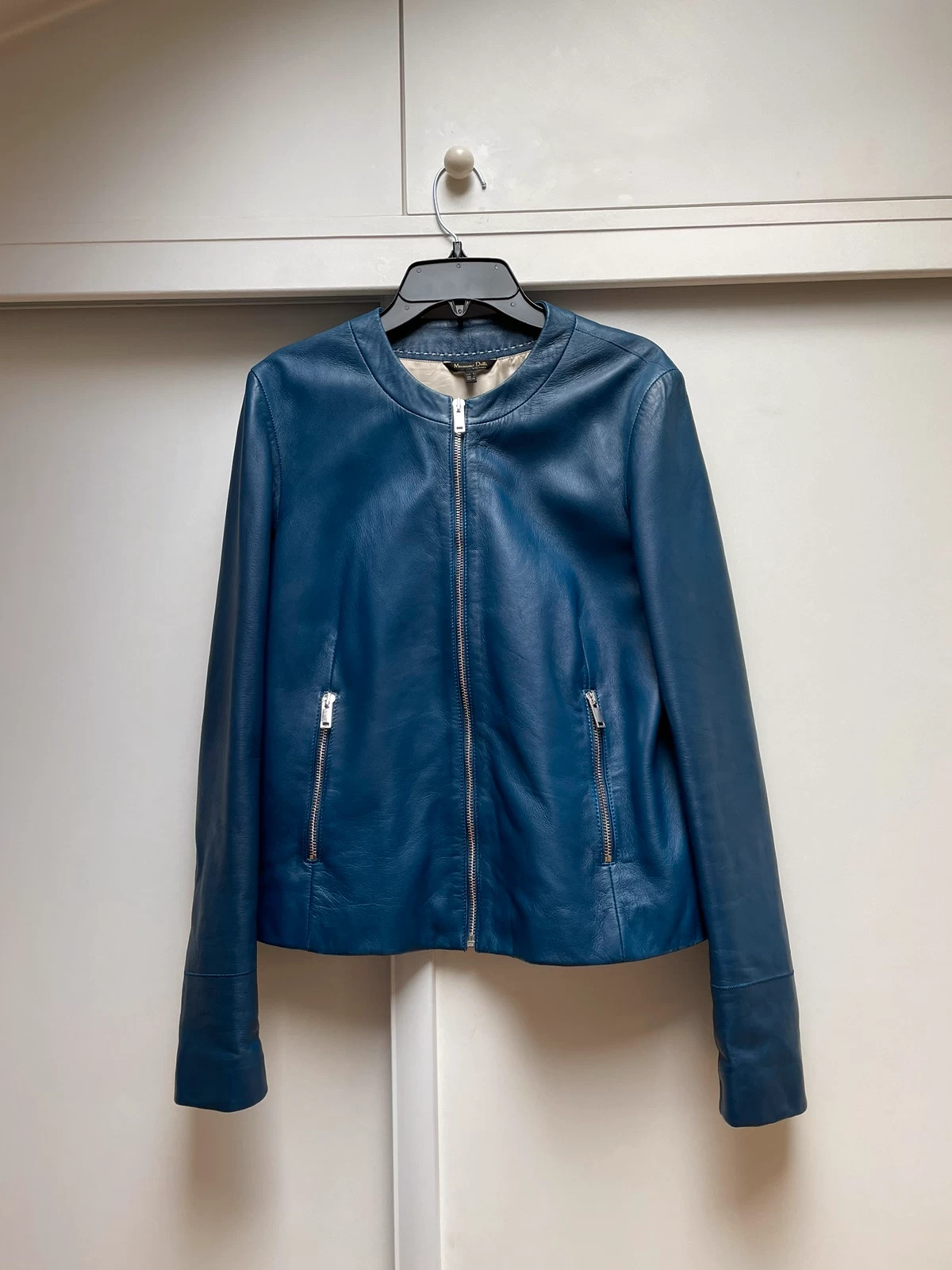 Massimo Dutti blouson veste en cuir d agneaux pour femme bleu