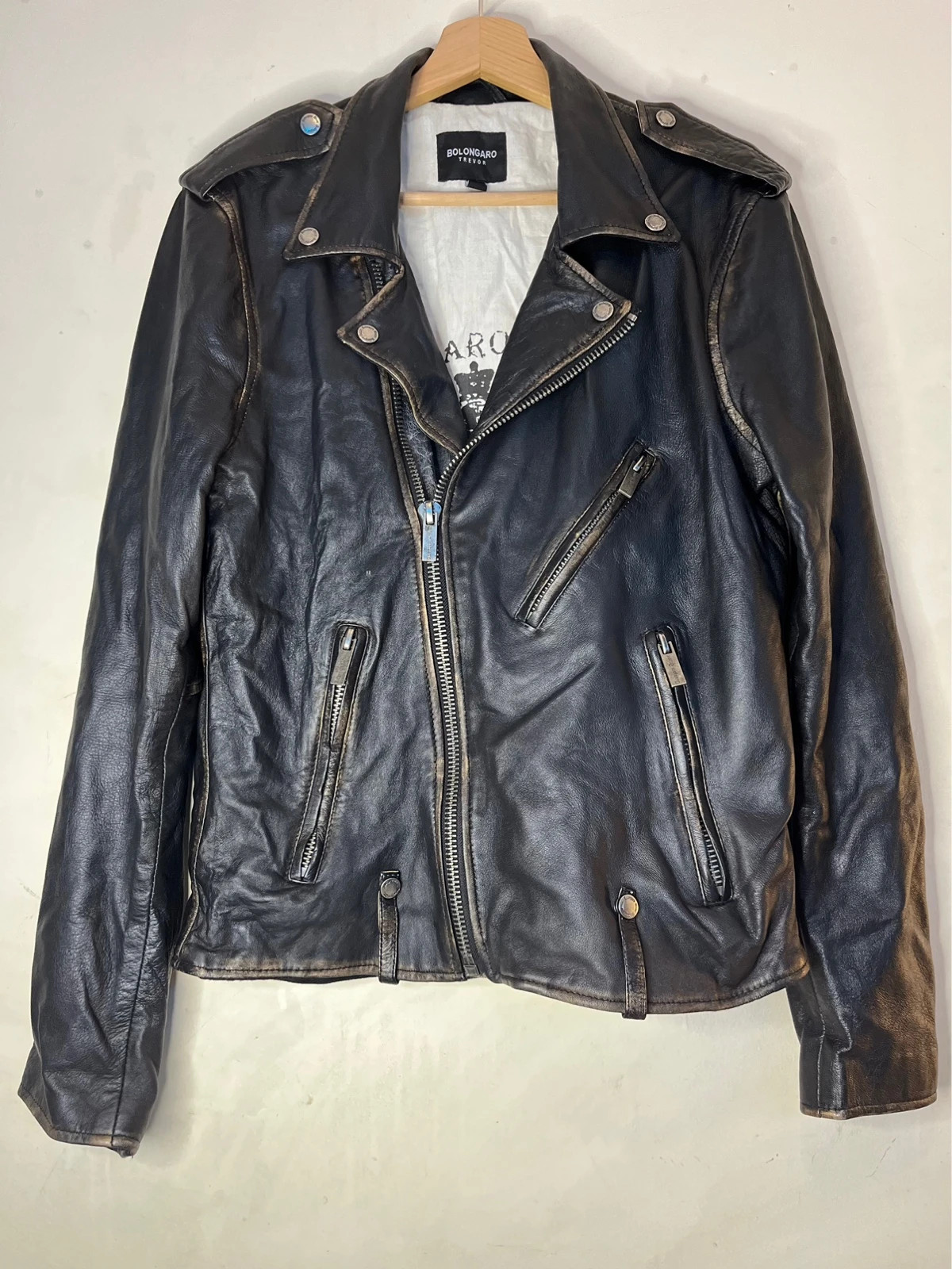 Bolongaro Trevor Mens Black Vintage Distressed Look Leather Biker Jacket Size S Vinted