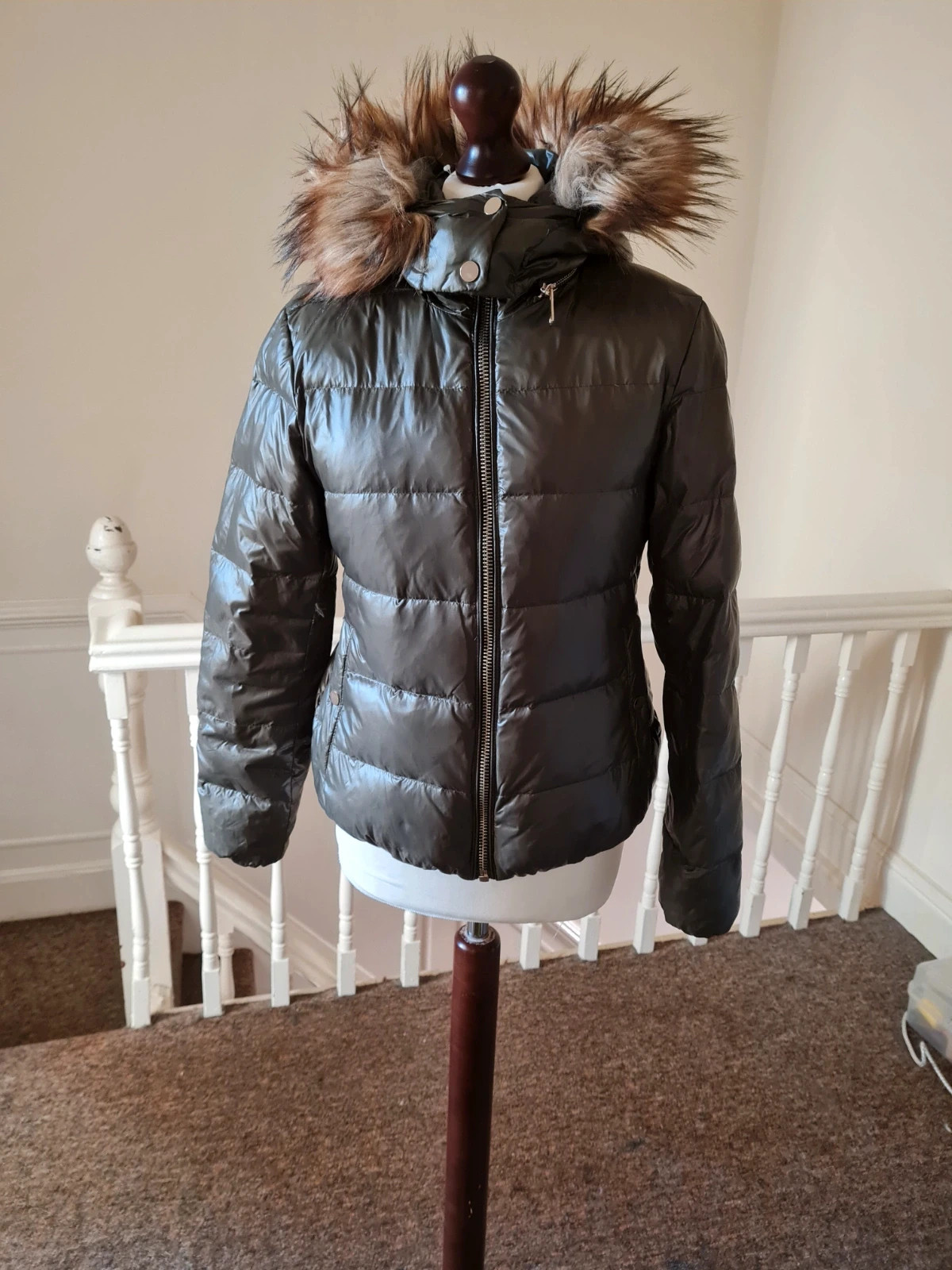 Zara M khaki green shiny puffer jacket bubble padded feather down fur trim hood Parka warm coat